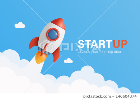 Startup Rocket Launch, Vector Illustration. Startup Business Growth and Startup Idea Banner with Flying Rocket. Clouds and Blue Sky for New Company, Innovation, App Launch and Project Promotion 140604374
