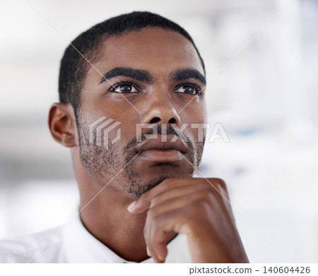 Business, thinking and black man with ideas, financial consultant and professional in a workplace. African person, employee and agent with planning and problem solving with solution and opportunity Business, thinking and black man with ideas, financial consultant and professional in a workplace. African person, employee and agent with planning and problem solving with solution and opportunity 140604426