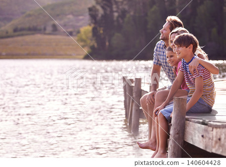 Happy family, lake and nature for vacation, holiday and travel in cape town, countryside and dock. Father, mom and children with water, forest and summer for happiness, together and barefoot Happy family, lake and nature for vacation, holiday and travel in cape town, countryside and dock. Father, mom and children with water, forest and summer for happiness, together and barefoot 140604428