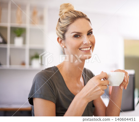 Business woman, happy and coffee cup in office for break with career planning or project startup. Face or portrait of a worker, editor or writer with tea, espresso or morning drink for inspiration 140604451