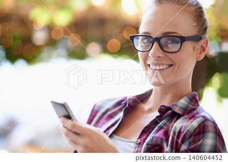 Woman, portrait and online with phone outdoor for communication, social media and mobile chat with smile. Person, face and happy with smartphone for text message, internet scroll and email with bokeh Woman, portrait and online with phone outdoor for communication, social media and mobile chat with smile. Person, face and happy with smartphone for text message, internet scroll and email with bokeh 140604452