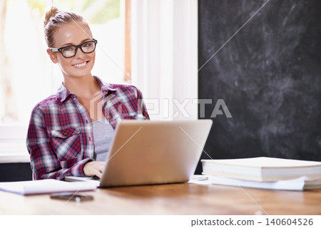 Portrait, smile or happy woman with remote work, laptop or glasses in home office for creative copywriting. Research project, confident writer or freelancer in a startup, business or house for report Portrait, smile or happy woman with remote work, laptop or glasses in home office for creative copywriting. Research project, confident writer or freelancer in a startup, business or house for report 140604526