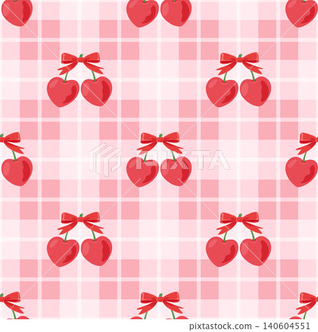 Cherry Seamless Pattern Vector Illustration. Cute Red Cherries With Bows on Pink Plaid Background. Sweet Fruit Repeat Print for Textile Packaging and Girly Surface Design Cherry Seamless Pattern Vector Illustration. Cute Red Cherries With Bows on Pink Plaid Background. Sweet Fruit Repeat Print for Textile Packaging and Girly Surface Design 140604551