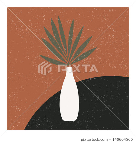 Botanical Wall Art, Vector Illustration. Botanical Vase Print and Botanical Palm Leaf Poster with Terracotta Abstract Background for Boho Home Decor and Minimal Interior Design 140604560