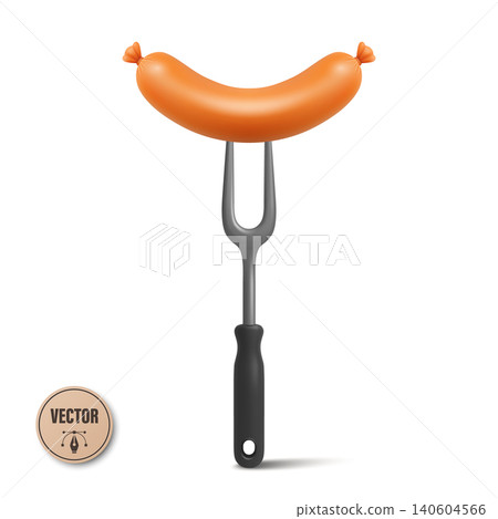Vector 3d Sausage on Fork. Grilled Sausage Illustration. Barbecue Sausage Vector Isolated for BBQ Menu, Oktoberfest Design, Food Packaging, Butcher Labels, Cooking Concept Vector 3d Sausage on Fork. Grilled Sausage Illustration. Barbecue Sausage Vector Isolated for BBQ Menu, Oktoberfest Design, Food Packaging, Butcher Labels, Cooking Concept 140604566
