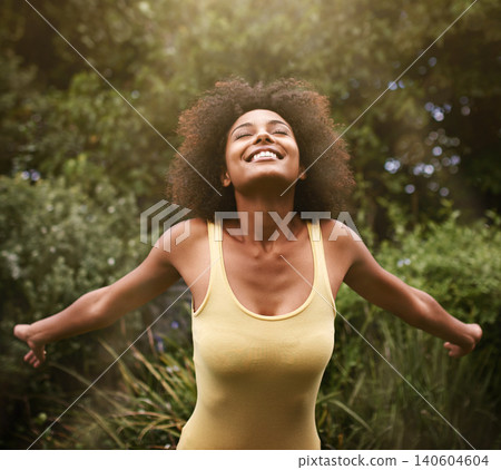 Happy, open arms and black woman in nature for freedom, adventure and relax in park. Smile, excited and person with happiness, positive attitude and fun outdoors for holiday, vacation and weekend Happy, open arms and black woman in nature for freedom, adventure and relax in park. Smile, excited and person with happiness, positive attitude and fun outdoors for holiday, vacation and weekend 140604604