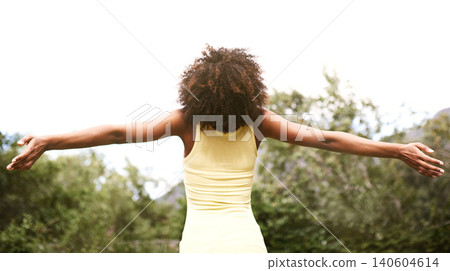 Happy, open arms and back of woman in park for freedom, adventure and relax in nature. Joy, excited and person with happiness, positive attitude and fun outdoors for holiday, vacation and weekend Happy, open arms and back of woman in park for freedom, adventure and relax in nature. Joy, excited and person with happiness, positive attitude and fun outdoors for holiday, vacation and weekend 140604614