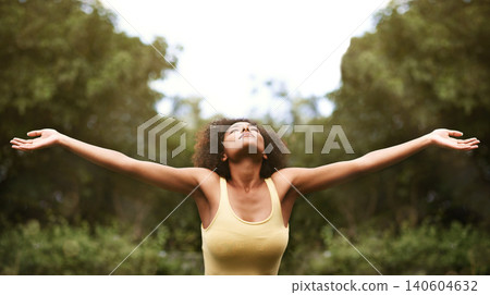 Relax, open arms and black woman in park for freedom, adventure and fresh air in nature. Happy, excited and person with happiness, positive attitude and joy outdoors for holiday, vacation and weekend Relax, open arms and black woman in park for freedom, adventure and fresh air in nature. Happy, excited and person with happiness, positive attitude and joy outdoors for holiday, vacation and weekend 140604632
