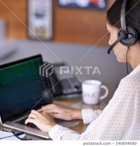 Businesswomen, headset and phone call in office, virtual assistant and laptop for worker. Technology, computer or landline for female financial manager, online and keyboard working on client budget Businesswomen, headset and phone call in office, virtual assistant and laptop for worker. Technology, computer or landline for female financial manager, online and keyboard working on client budget 140604680