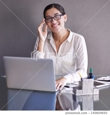 Businesswomen, smile and portrait at office, desk and laptop for corporate worker. Technology, computer or glasses for female financial advisor, happy and accounting working online for finance Businesswomen, smile and portrait at office, desk and laptop for corporate worker. Technology, computer or glasses for female financial advisor, happy and accounting working online for finance 140604693