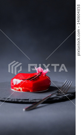 Minimalist close-up of a luxury red glazed mousse cake with a flower decoration on a slate plate with copy space on a dark background. Minimalist close-up of a luxury red glazed mousse cake with a flower decoration on a slate plate with copy space on a dark background. 140604858