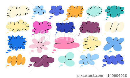 Big set of word bubbles for text, thought clouds, empty frames for chats and messages. Retro futuristic abstract geometric shapes, forms and figures. Clouds, bubbles and 3D objects in various colours. 140604918