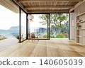 Spacious and airy empty room interior with a stunning panoramic mountain view 3d render 140605039
