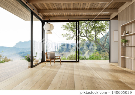Spacious and airy empty room interior with a stunning panoramic mountain view 3d render Spacious and airy empty room interior with a stunning panoramic mountain view 3d render 140605039