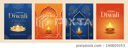 Luxury Diwali poster set with glowing diya lamps, lotus flowers, mandala ornaments and elegant typography. Modern Indian festival vector templates for greeting cards, banners and celebration design. Luxury Diwali poster set with glowing diya lamps, lotus flowers, mandala ornaments and elegant typography. Modern Indian festival vector templates for greeting cards, banners and celebration design. 140605053