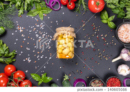 Marinated mushrooms in jar with fresh ingredients and spices Marinated mushrooms in jar with fresh ingredients and spices 140605086