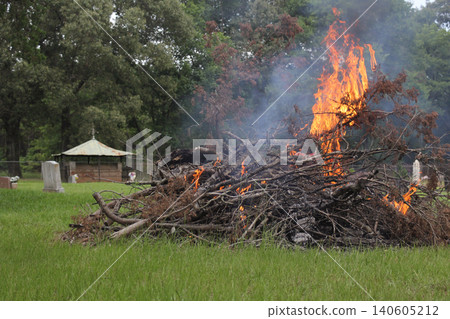 Brush Pile at Loftin Cemetery on Fire, Cleanup of Historical Cemetery Rural TX 140605212