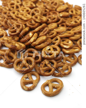 Pile of Small Snack Pretzels on White Background Snack Foods 140605261