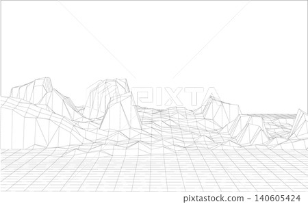 Digital terrain map generated from drone vision data outlining a mountainous landscape in wireframe 140605424