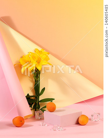 Premium podium with lily flowers, peaches, apricots and ice cubes on a sunny elegant background, summer party concept, minimalist abstract background for alcoholic beverage presentation, Premium podium with lily flowers, peaches, apricots and ice cubes on a sunny elegant background, summer party concept, minimalist abstract background for alcoholic beverage presentation, 140605485