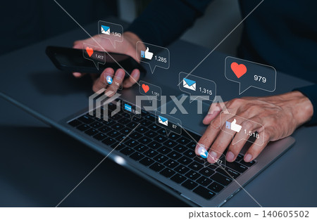 Social media engagement and digital marketing communication concept. Social media marketing, message, email notification, audience interaction, content reach, campaign online advertising target market 140605502