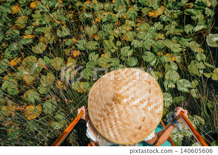 Top view conical hat on green water lily leaves lotus lake horizontal travel nature texture photo Top view conical hat on green water lily leaves lotus lake horizontal travel nature texture photo 140605606