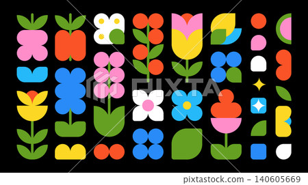 Colorful flat flowers and fruits, created from simple shapes in Y2K style. Vector futuristic abstract geometric figures and objects for design. Boho style, aesthetics, contemporary art and Bauhaus. Colorful flat flowers and fruits, created from simple shapes in Y2K style. Vector futuristic abstract geometric figures and objects for design. Boho style, aesthetics, contemporary art and Bauhaus. 140605669