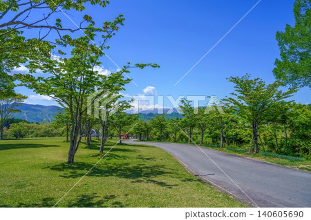 A refreshing early summer landscape of the highlands: lush green trees against a blue sky, with the snow-capped Hakusan mountain range visible in the distance. A refreshing early summer landscape of the highlands: lush green trees against a blue sky, with the snow-capped Hakusan mountain range visible in the distance. 140605690