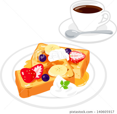 French toast topped with fruit and coffee French toast topped with fruit and coffee 140605917