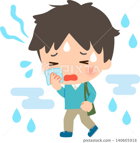 一個年輕男子在炎熱潮濕的天氣裡行走，汗流浹背。 140605918