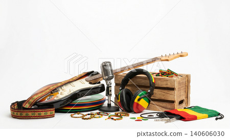 Reggae music studio equipment concept with guitar microphone and headphones microphone headphones equipment instrument recording performance entertainment professional creative production 140606030