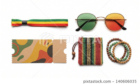 Assorted music festival and reggae themed accessories including sunglasses wristband ticket and jewelry with festival accessories sunglasses wristband colorful bracelet trinkets vacation 140606035