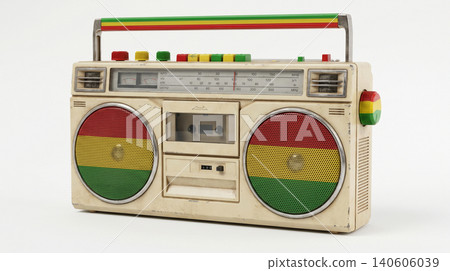 Vintage portable cassette player boombox with rasta colored speaker grilles cassette recorder portable electronics technology entertainment listening background playback equipment hardware Vintage portable cassette player boombox with rasta colored speaker grilles cassette recorder portable electronics technology entertainment listening background playback equipment hardware 140606039