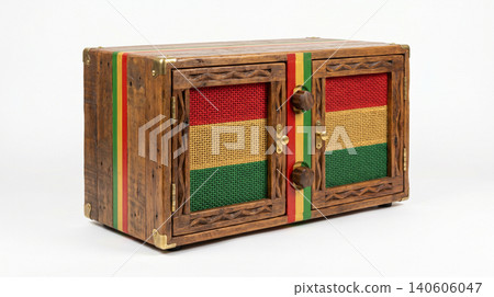 Decorative wooden box with colorful woven fabric panels in rasta colors handcrafted decorative container woodwork traditional organizer tropical handmade material isolated background Decorative wooden box with colorful woven fabric panels in rasta colors handcrafted decorative container woodwork traditional organizer tropical handmade material isolated background 140606047
