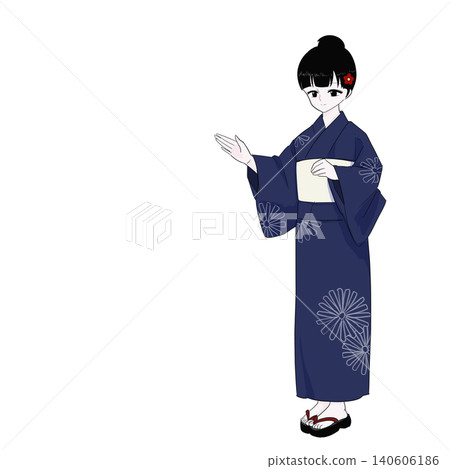 一位身穿浴衣(夏季和服)的女子為遊客提供導覽,展現了夏季熱情好客的景象。 一位身穿浴衣(夏季和服)的女子為遊客提供導覽,展現了夏季熱情好客的景象。 140606186