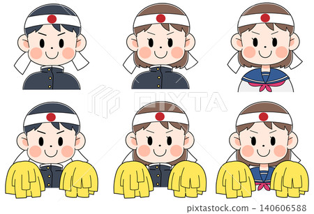 A set of illustrations of children wearing headbands and cheering. 140606588