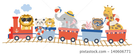 [向量圖] 火車插圖描繪了動物們在夏日海邊享受美好時光，可愛的兒童設計，包括沙灘球和游泳圈。 140606771