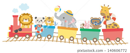 [向量圖] 火車插圖描繪了動物們在夏日海邊享受美好時光，可愛的兒童設計，包括沙灘球和游泳圈。 140606772