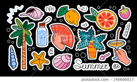 Cartoon summer stickers and labels. Printable set of vector designs. Vacation, summer season, tropics, palm trees, shells, human hands holding a glass with a cocktail and a fan, lemon, grapefruit, ect Cartoon summer stickers and labels. Printable set of vector designs. Vacation, summer season, tropics, palm trees, shells, human hands holding a glass with a cocktail and a fan, lemon, grapefruit, ect 140606817