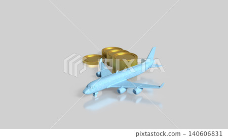 Blue Passenger Airplane With Gold Coins Travel Finance Concept 3d render. Blue Passenger Airplane With Gold Coins Travel Finance Concept 3d render. 140606831
