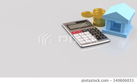 Blue Bank Building With Calculator And Gold Coins Concept 3d render. 140606833