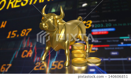 Golden Bull Market Rally With Coins And Trading Screen 3d render. Golden Bull Market Rally With Coins And Trading Screen 3d render. 140606851