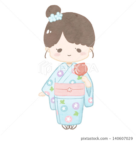 一個穿著淺藍色浴衣的女孩手裡拿著一個糖蘋果。 140607029