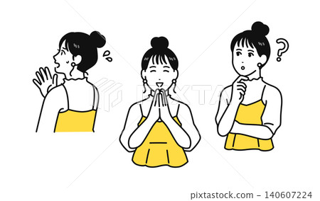 A young woman with her hair tied up, thinking, worrying, and explaining with a smile. Pose set material. A young woman with her hair tied up, thinking, worrying, and explaining with a smile. Pose set material. 140607224