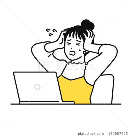 A young woman with her hair tied up panics when she looks at her PC. A young woman with her hair tied up panics when she looks at her PC. 140607225
