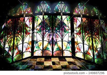 Game background: A hall with beautiful stained glass light. Game background: A hall with beautiful stained glass light. 140607296
