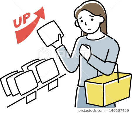 A woman shopping, troubled by rising prices. A woman shopping, troubled by rising prices. 140607439