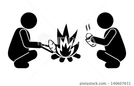 Two people roasting sweet potatoes over a campfire; the taste of autumn; silhouettes of people enjoying roasted sweet potatoes. 140607631