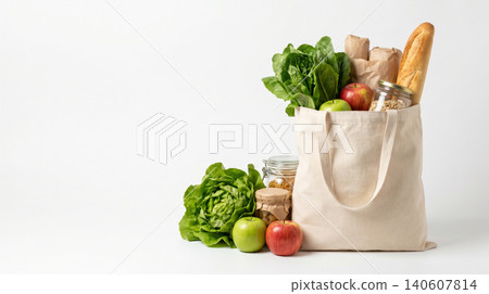 Canvas tote bag filled with fresh produce and groceries vegetables reusable shopping friendly sustainable lifestyle nutrition environment conscious background isolated wholesome Canvas tote bag filled with fresh produce and groceries vegetables reusable shopping friendly sustainable lifestyle nutrition environment conscious background isolated wholesome 140607814