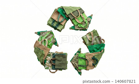 Recycle symbol formed by camouflage utility bags with camouflage military tactical triangle sustainability environment conservation management textured equipment organizational isolated Recycle symbol formed by camouflage utility bags with camouflage military tactical triangle sustainability environment conservation management textured equipment organizational isolated 140607821